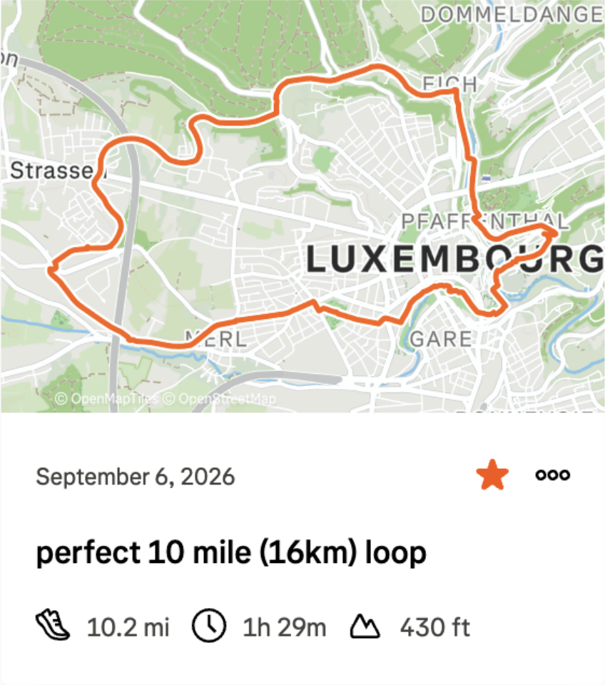 Strava screenshot of 10 mile/16km running route in Luxembourg