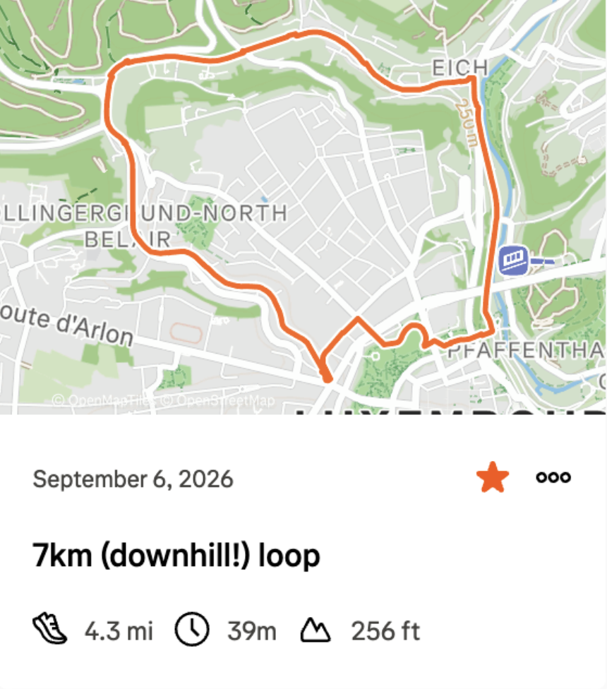 Strava screenshot of 7km downhill running route in Luxembourg