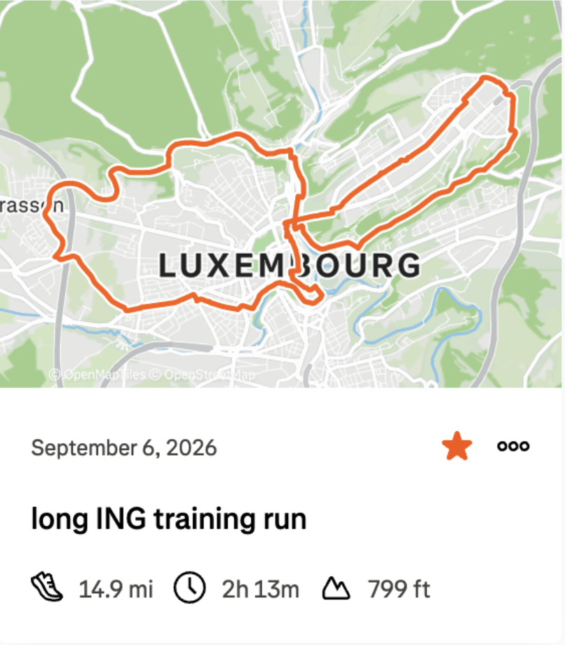 Strava screenshot of a long run ING marathon training route in Luxembourg