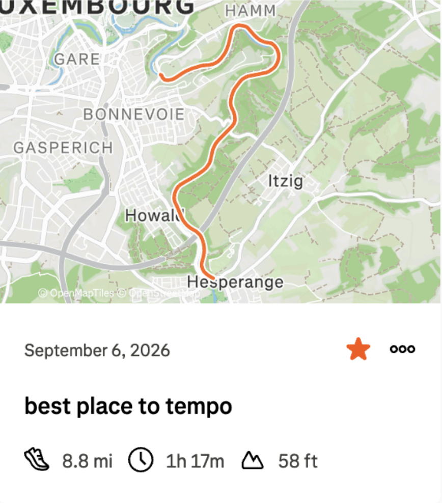 Strava screenshot of a perfect tempo running route in Luxembourg