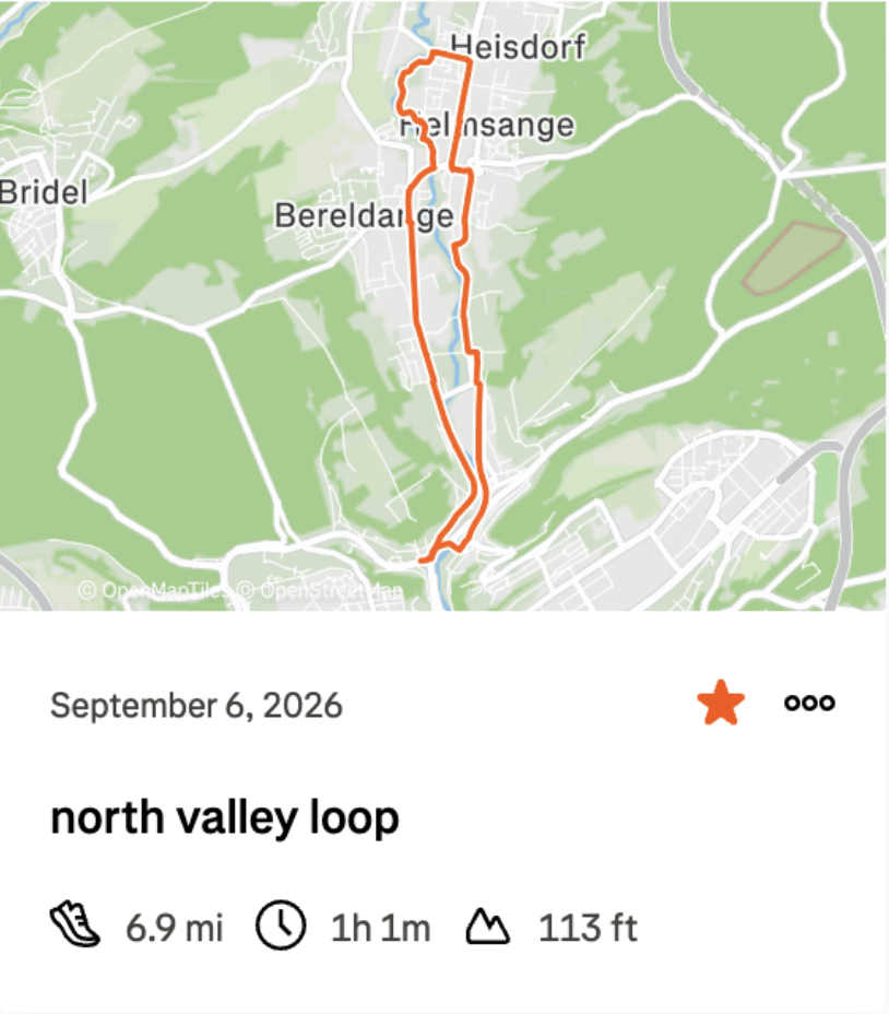 Strava screenshot of 7 mile north valley running route in Luxembourg